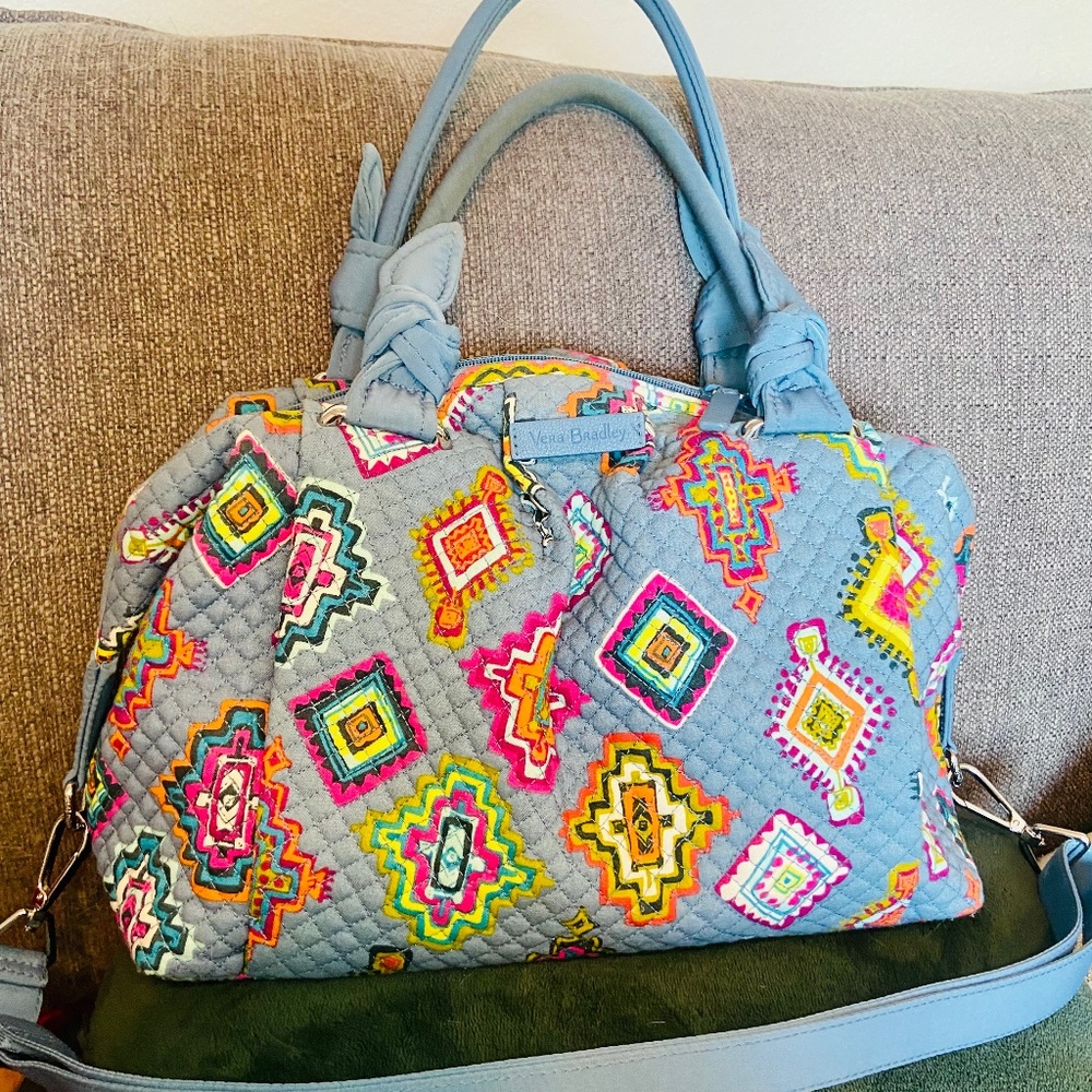 Vera Bradley Mailbag In Painted Medallion Blue Aztec VTG Zip Bow Tied Handles